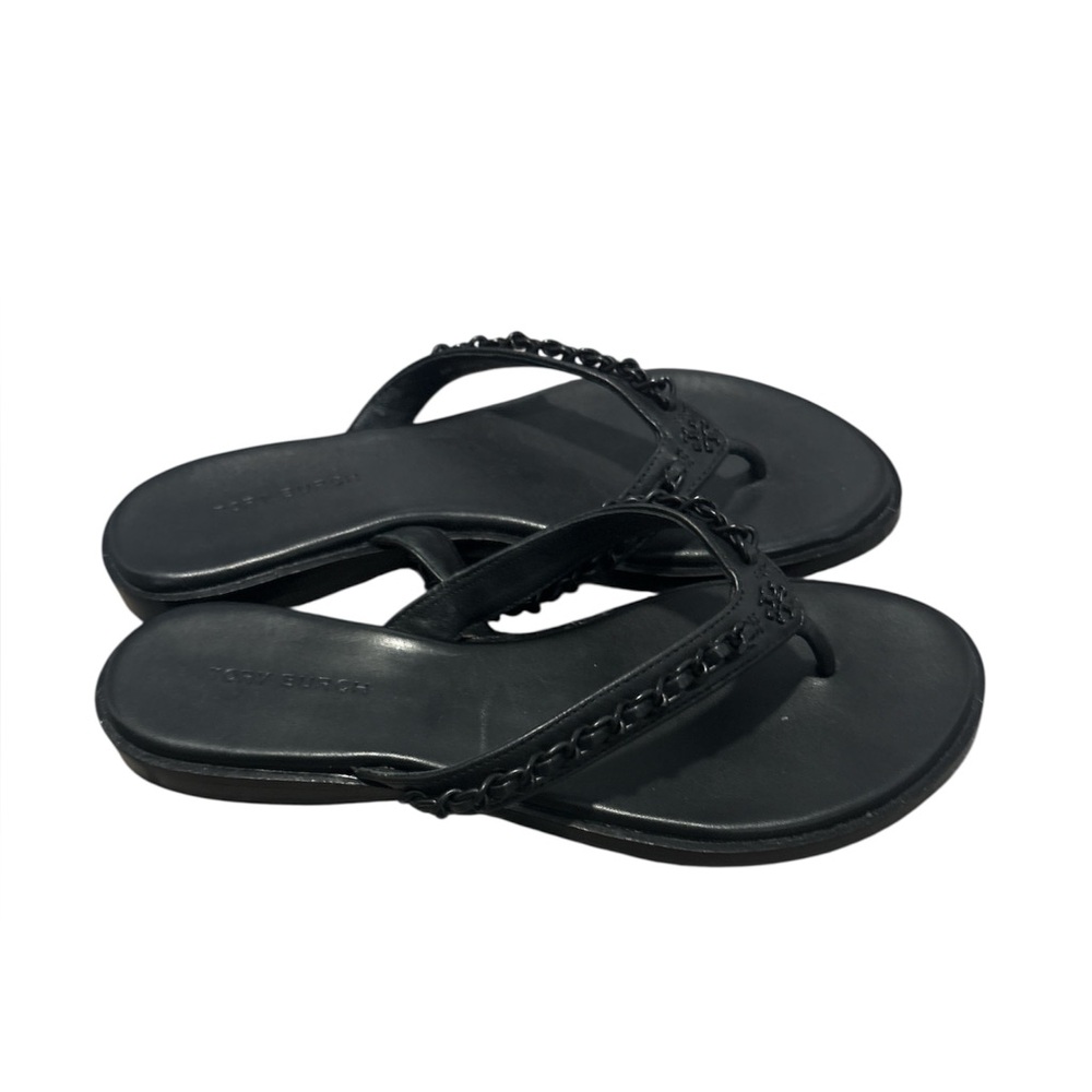Tory Burch Women's Everly Chain Leather Thong Flat Sandals Black Size 5M